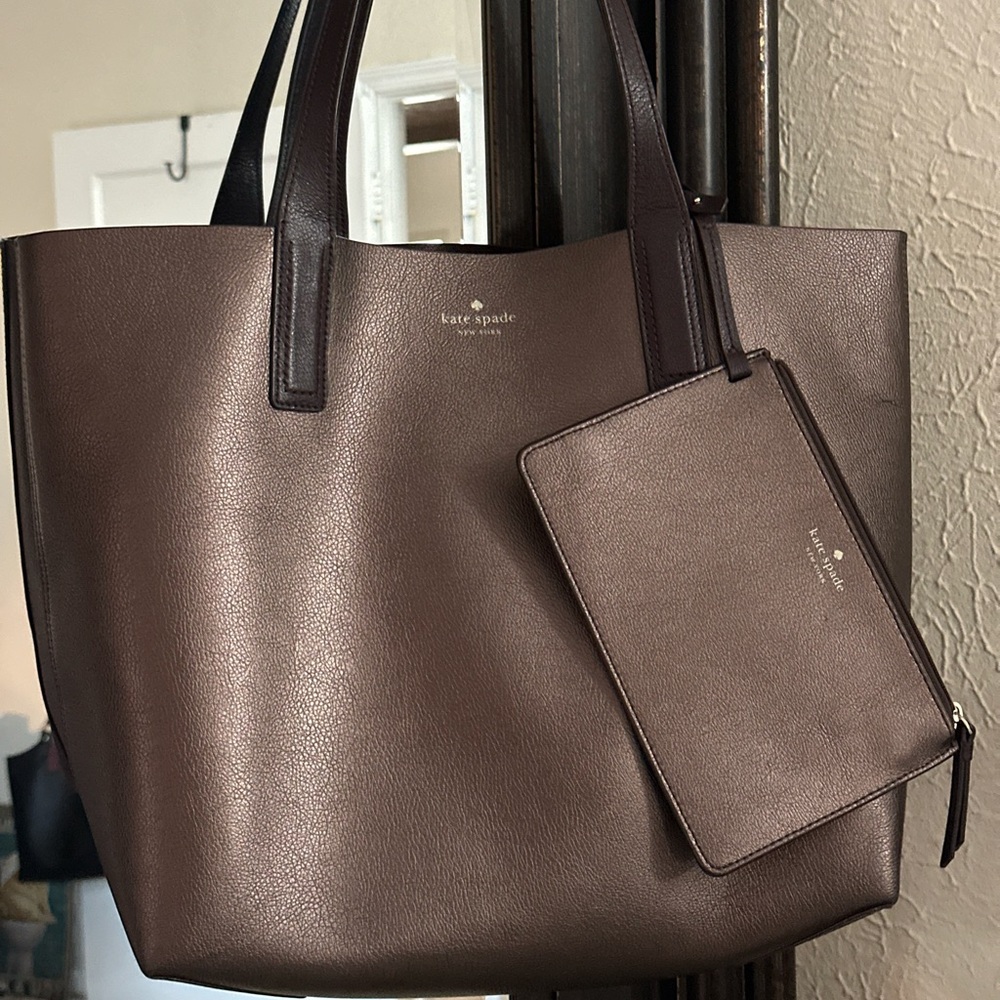 Kate Spade Reversible Deep Purple & Metallic Purple Leather Tote and Wallet